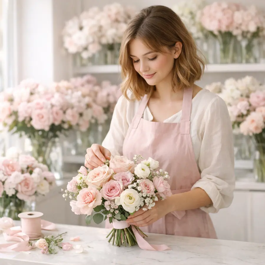 Người thợ hoa Bé Xinh đang tỉ mỉ kết bó hoa
