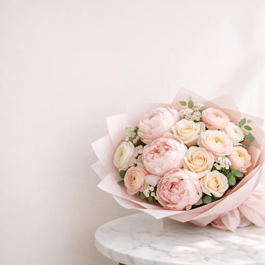 Bó hoa hồng phấn và mẫu đơn tươi của Hoa Bé Xinh